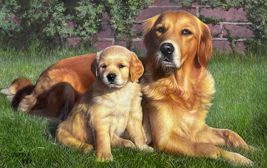 "The Sanctuary of Pure Devotion" - Museum-Grade Original Hyperrealistic Golden Retriever Family Landscape Oil Painting by First-Class Artist Fang Longhao | 73x47cm Hand-Painted Masterpiece on Pre-Stretched Canvas  18731