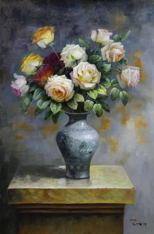 Vase of Roses Oil Painting by Kim Kyong Mi | Original Realist Floral Still Life Art 1882