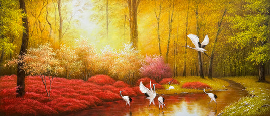"The Sanctuary of the Golden Dawn" - Masterpiece Original Panoramic Landscape Oil Painting by First-Class Artist Ryu Il | 91x40cm Hand-Painted Epic Canvas with Five Sacred Cranes 18845