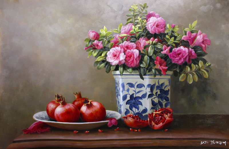Original Oil Painting "Azaleas and Pomegranates" by DPRK First-Class Painter Kim Kyung Mi – Collectible Hand-Painted Still Life Art 1887
