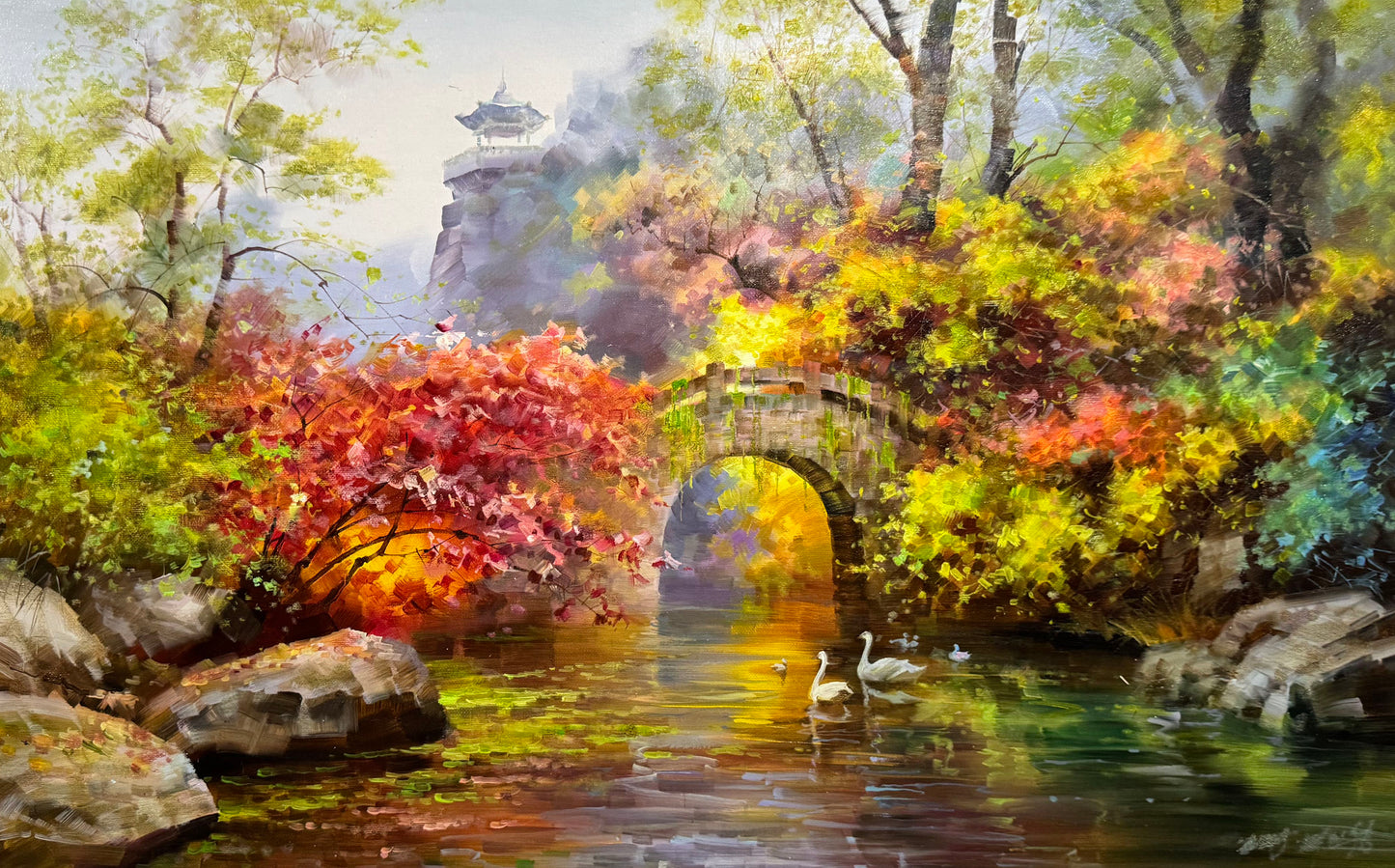 "The Radiant Arch Bridge & Stream" - Museum-Grade Original Impressionistic Autumn Landscape Oil Painting by First-Class Artist Park Hyun-chul | 90x57cm Hand-Painted Masterpiece 18956