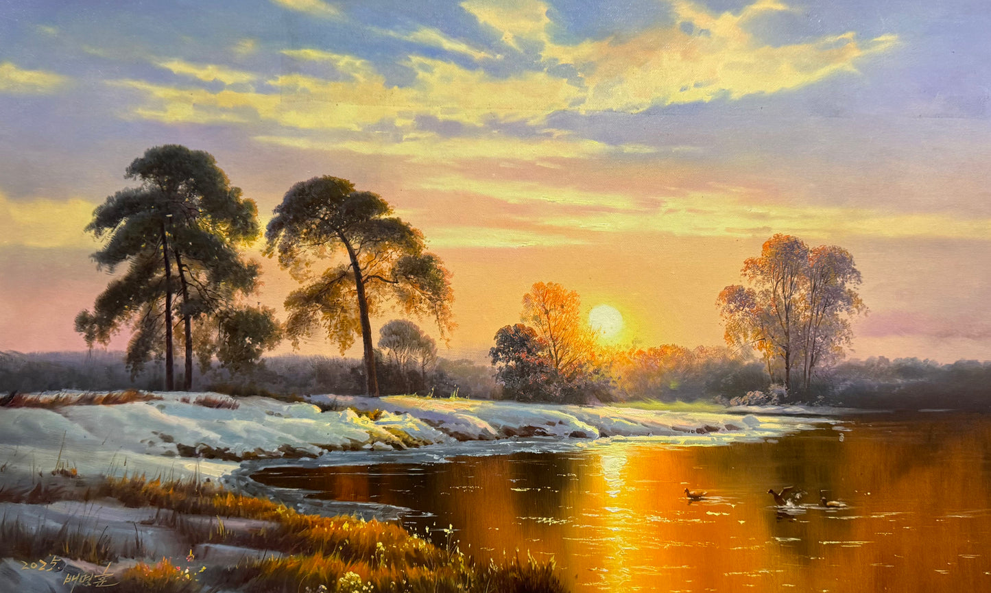 North Korean Oil Painting “Twilight Snow Melt” by Bae Myung-Hoon 18958