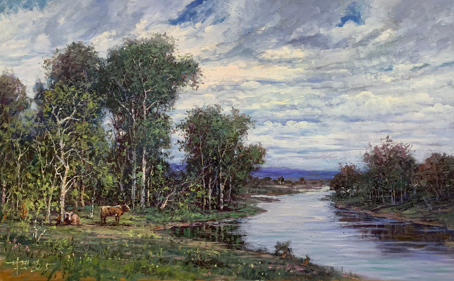 Cattle Pasture Oil Painting by Li Ji Cheng | Original North Korean Landscape Art 19022