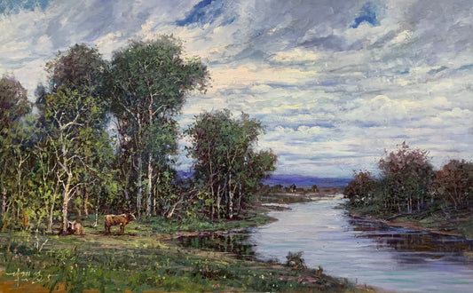 Cattle Pasture Oil Painting by Li Ji Cheng | Original North Korean Landscape Art 19022