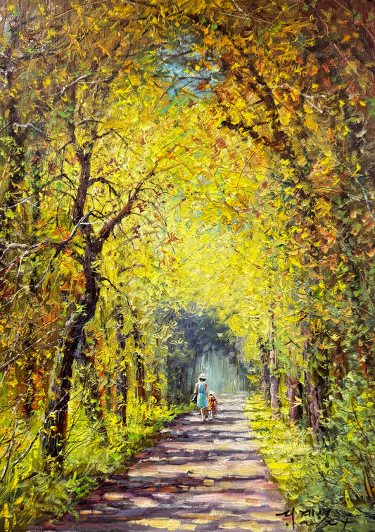 "The Path of Golden Legacy" - Masterpiece Original Vertical Landscape Oil Painting by Legendary "People's Artist" Lee Ji-sung | 53x37cm Hand-Painted Impressionistic Canopy with Strolling Mother & Child 19038