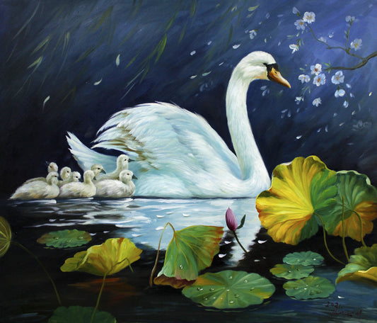Original Oil Painting "Swan and Cygnets" by First-Class Painter Kim Kyung Mi – Collectible Hand-Painted Wildlife Art 1907