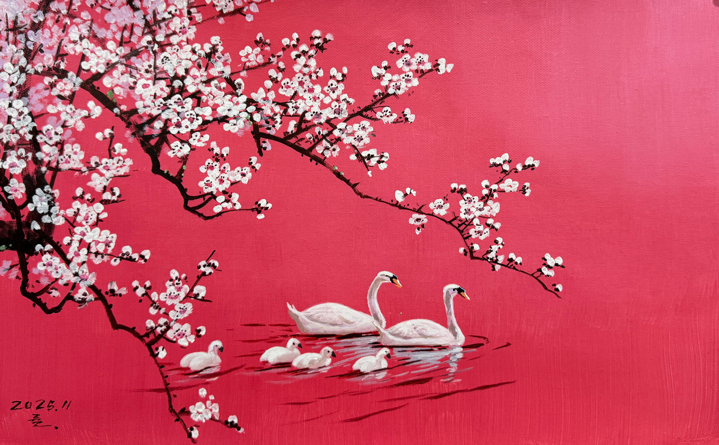 "The Crimson Awakening of Spring" - Original Contemporary Pop-Orientalism Masterpiece by First-Class Artist Li Lu | 53x33cm Hand-Painted Luminous Red Canvas with Swan Family & White Plum Blossoms 19126