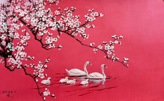 "The Crimson Awakening of Spring" - Original Contemporary Pop-Orientalism Masterpiece by First-Class Artist Li Lu | 53x33cm Hand-Painted Luminous Red Canvas with Swan Family & White Plum Blossoms 19126