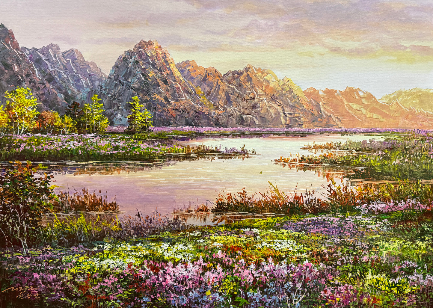 "The Chromatic Lakeshore" - Museum-Grade Original Impressionistic Palette Knife Mountain Landscape Oil Painting by First-Class Artist Han Guangnan | 70x47cm Hand-Painted Masterpiece 19134