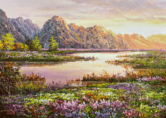 "The Chromatic Lakeshore" - Museum-Grade Original Impressionistic Palette Knife Mountain Landscape Oil Painting by First-Class Artist Han Guangnan | 70x47cm Hand-Painted Masterpiece 19134
