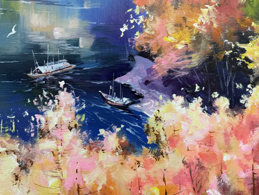 "The Symphony of Autumnal Waters" - Spectacular Original Impressionist Landscape Oil Painting by First-Class Artist Hua Cheng | 72x41cm Hand-Painted Vivid Forest & Sailing Lake 19144