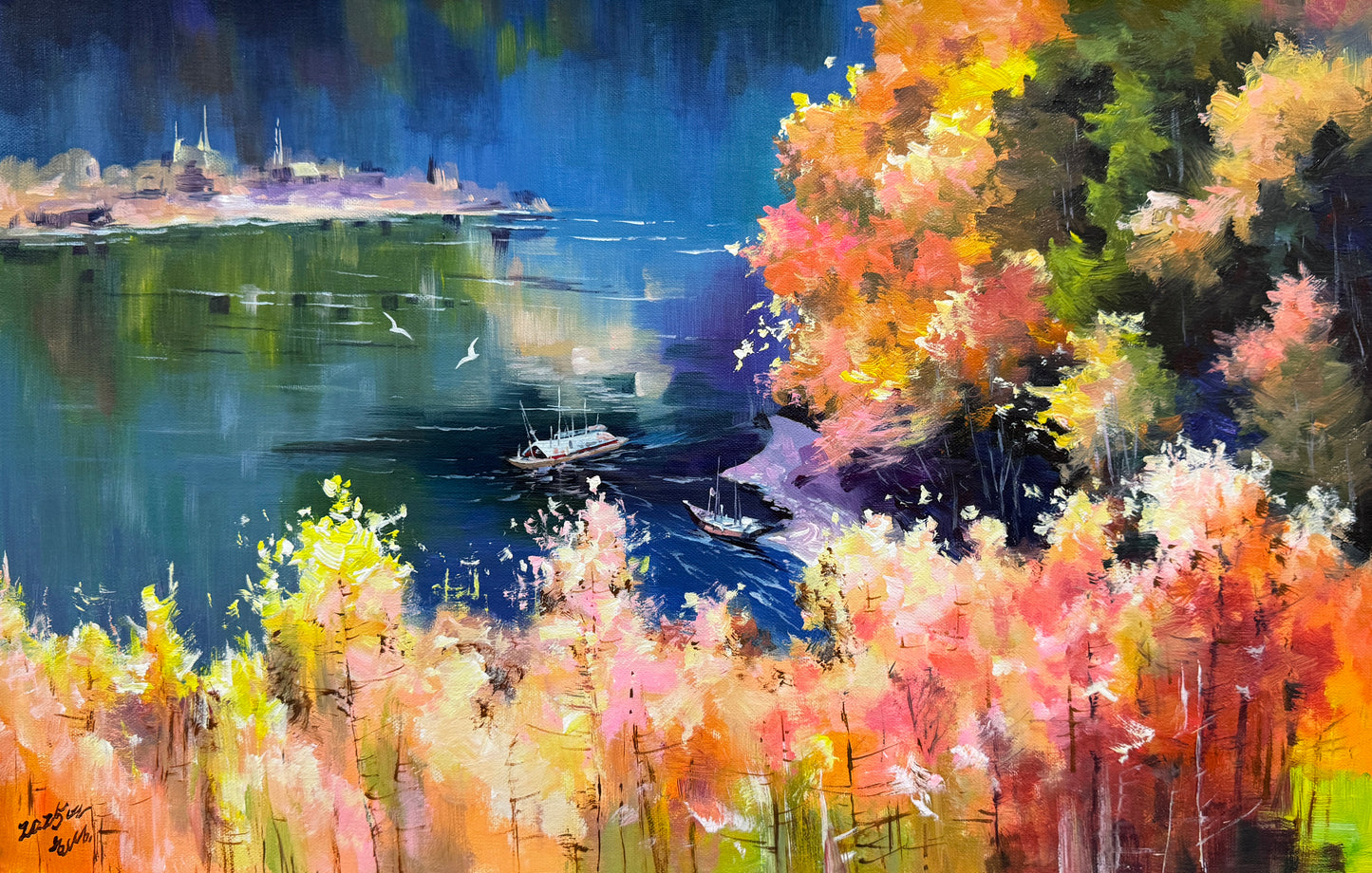 "The Symphony of Autumnal Waters" - Spectacular Original Impressionist Landscape Oil Painting by First-Class Artist Hua Cheng | 72x41cm Hand-Painted Vivid Forest & Sailing Lake 19144