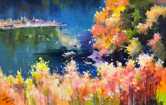 "The Symphony of Autumnal Waters" - Spectacular Original Impressionist Landscape Oil Painting by First-Class Artist Hua Cheng | 72x41cm Hand-Painted Vivid Forest & Sailing Lake 19144