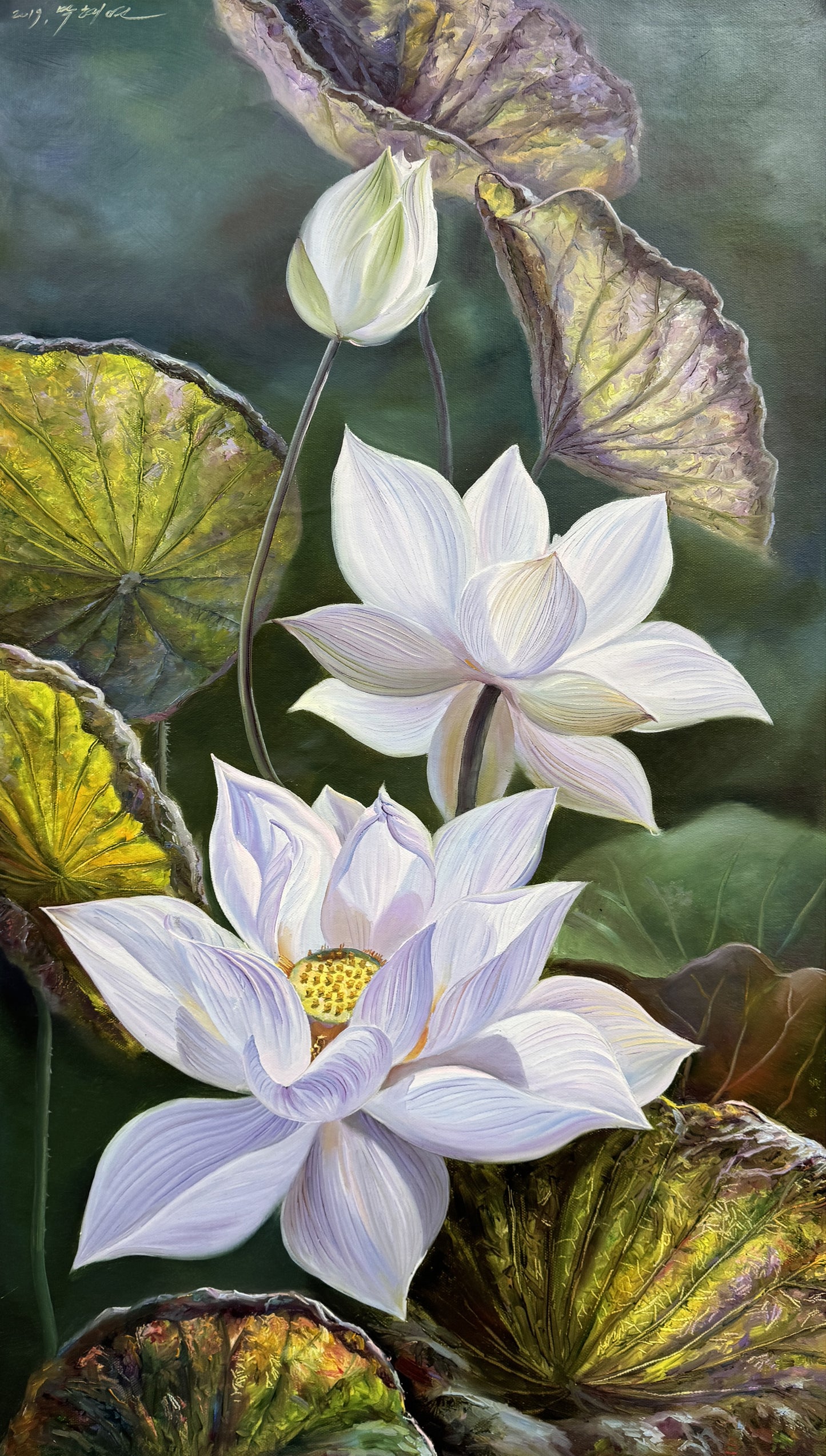 "The Pure Luminescence of Harmony" - Original Classical Hyper-Realistic Floral Oil Painting by First-Class Artist Pak Hae Yon | 99x55cm Hand-Painted Translucent White Lotus Canvas 19370