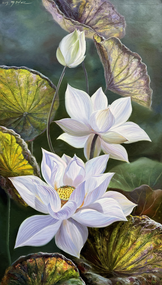 "The Pure Luminescence of Harmony" - Original Classical Hyper-Realistic Floral Oil Painting by First-Class Artist Pak Hae Yon | 99x55cm Hand-Painted Translucent White Lotus Canvas 19370