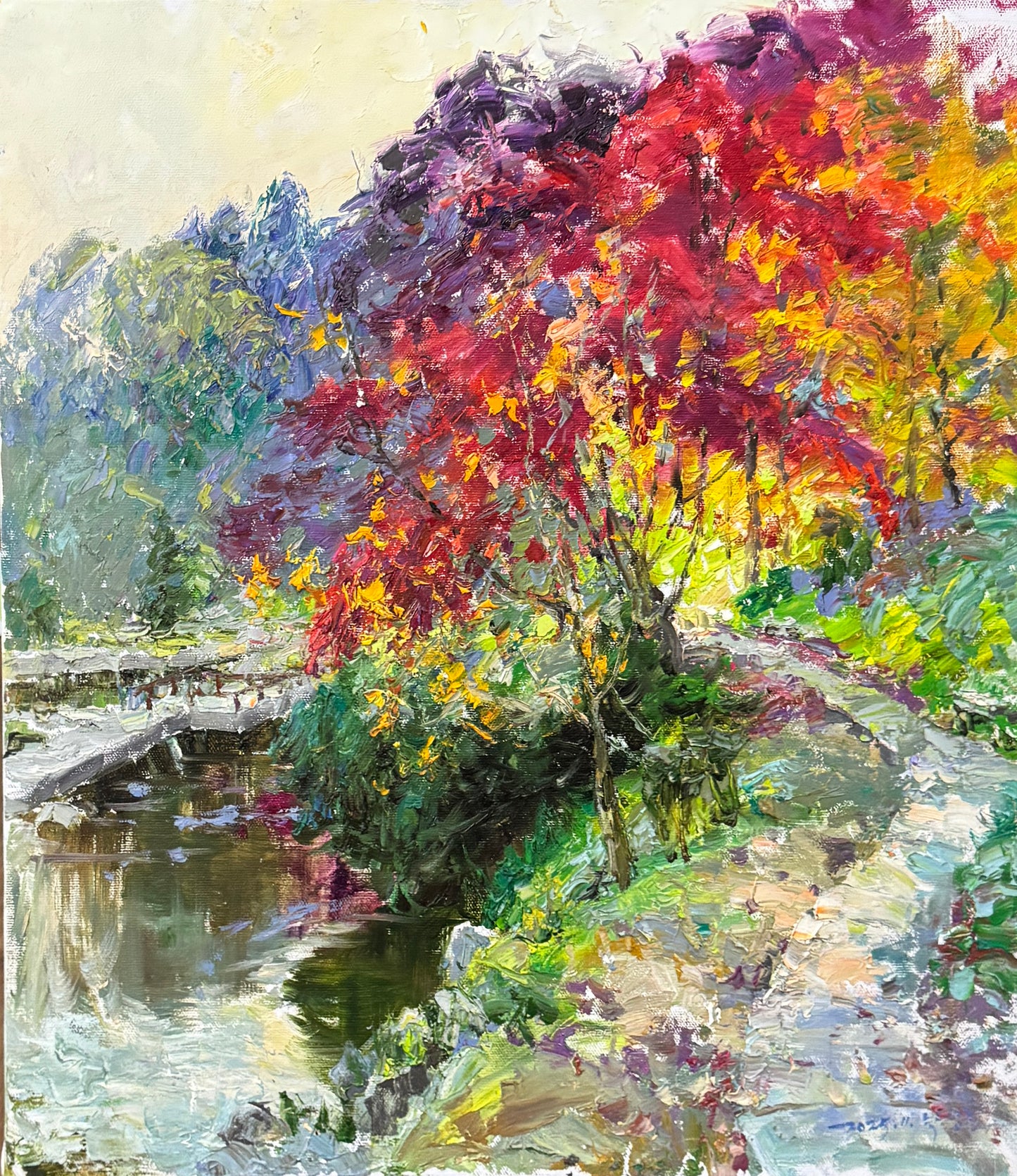 "The River of Sovereign Crimson" - Original Impressionist Heavy-Impasto Landscape Oil Painting by Celebrated Merited Artist Park Myung Chul | 60x60cm Hand-Painted Square Fine Art Canvas (Pre-Stretched on Inner Frame) 19594