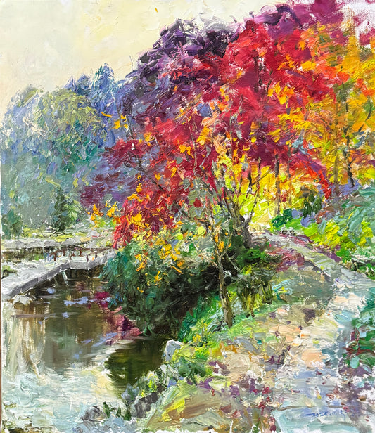 "The River of Sovereign Crimson" - Original Impressionist Heavy-Impasto Landscape Oil Painting by Celebrated Merited Artist Park Myung Chul | 60x60cm Hand-Painted Square Fine Art Canvas (Pre-Stretched on Inner Frame) 19594