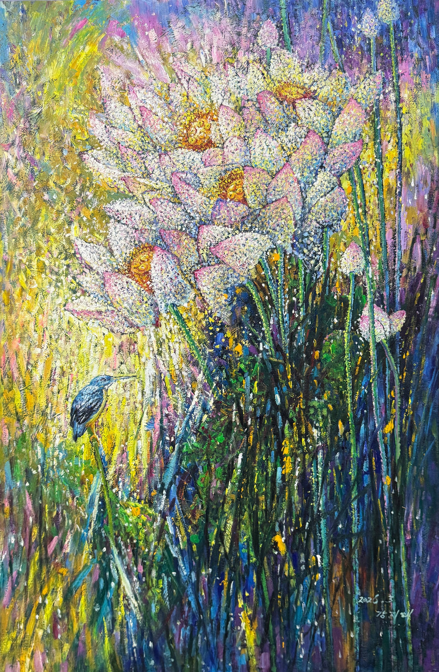 "Serenade of the Sacred Lotus" - Original Modern Heavy-Impasto Pointillism Oil Painting by First-Class Artist Kang Ji Hye | 100x66cm Hand-Painted Luminous Lotus & Kingfisher Canvas (Pre-Stretched on Inner Frame) 19598