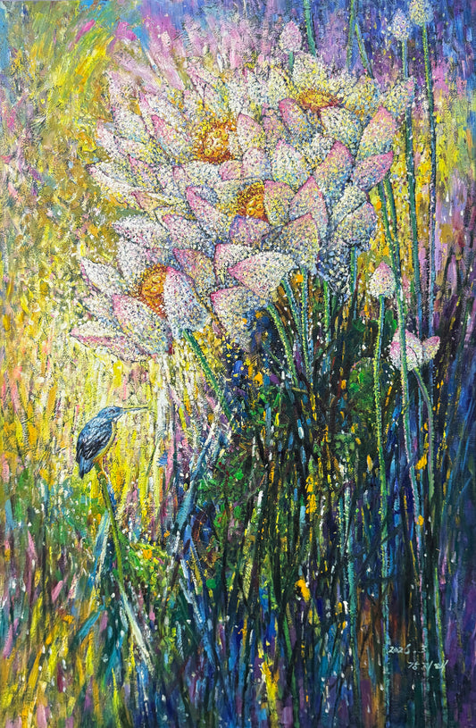 "Serenade of the Sacred Lotus" - Original Modern Heavy-Impasto Pointillism Oil Painting by First-Class Artist Kang Ji Hye | 100x66cm Hand-Painted Luminous Lotus & Kingfisher Canvas (Pre-Stretched on Inner Frame) 19598