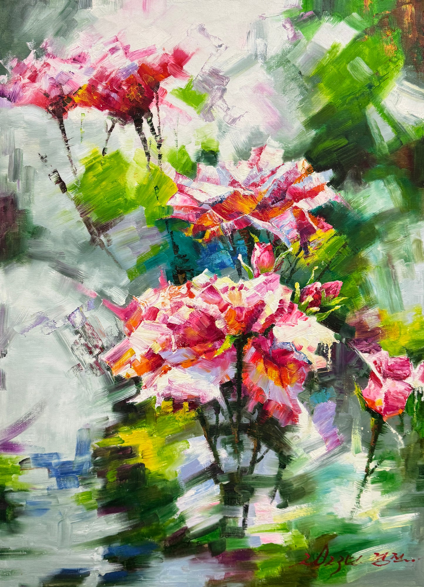 "The Radiant Eruption" - Original Modern Impressionist Floral Oil Painting by First-Class Artist Ryeong Jin | 73x53cm Hand-Painted Bold Impasto Canvas (Pre-Stretched on Inner Wood Frame) 19615