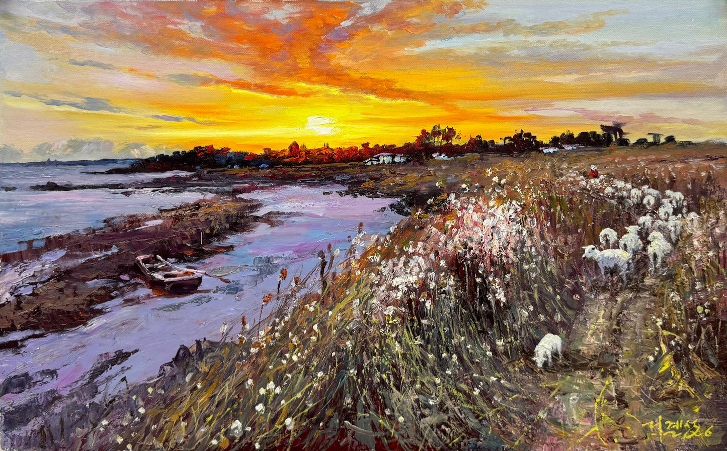 Sunset Over the Shallow Bay Oil Painting by Li Jicheng 19750