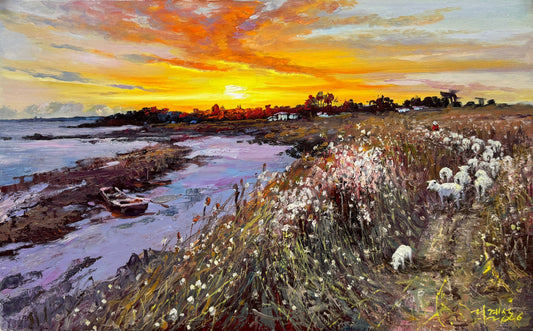 Sunset Over the Shallow Bay Oil Painting by Li Jicheng 19750