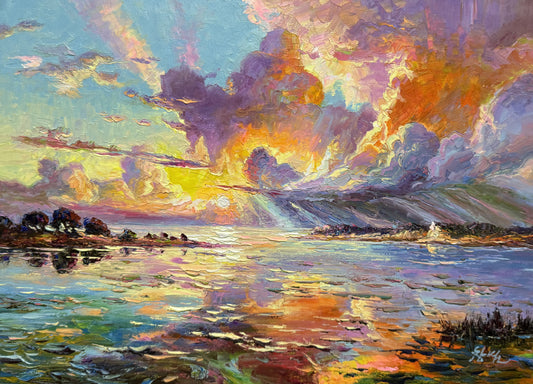 "The Celestial Chromatic Fire" - Original Post-Impressionist Heavy-Impasto Landscape Oil Painting by Celebrated First-Class Artist Lee Chang Bum | 54x38cm Hand-Painted Textured Sunset Clouds & Crepuscular Rays Canvas 19776