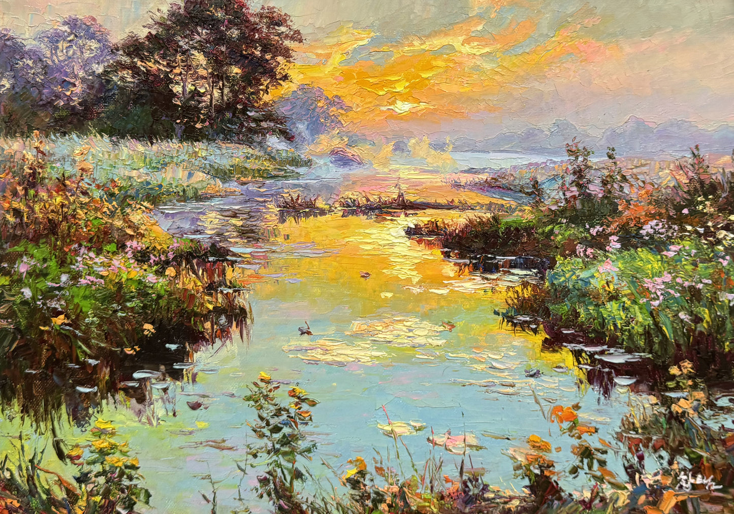 "The Gilded Morning Basin" - Original Post-Impressionist Heavy-Impasto Landscape Oil Painting by Celebrated First-Class Artist Lee Chang Bum | 54x38cm Hand-Painted Textured Sunrise Lake Canvas  19777