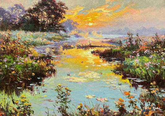 "The Gilded Morning Basin" - Original Post-Impressionist Heavy-Impasto Landscape Oil Painting by Celebrated First-Class Artist Lee Chang Bum | 54x38cm Hand-Painted Textured Sunrise Lake Canvas  19777