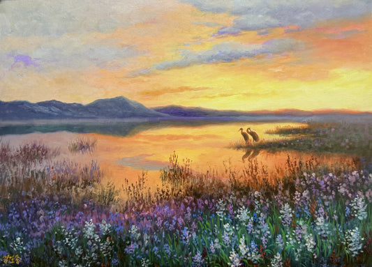 "The Gilded Twilight" - Original Lyrical Landscape Oil Painting by First-Class Artist Kim Seol Song | 52x39cm Hand-Painted Sunset Lake & Devoted Cranes Canvas (Pre-Stretched on Inner Frame) 19782