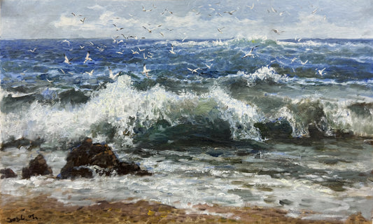 "The Surge of Infinite Abundance" - Original Heavy-Impasto Seascape Oil Painting by First-Class Artist Eom Eun Ji | 55x35cm Hand-Painted Powerful Ocean Waves & Seagulls Canvas (Pre-Stretched on Inner Frame) 19783