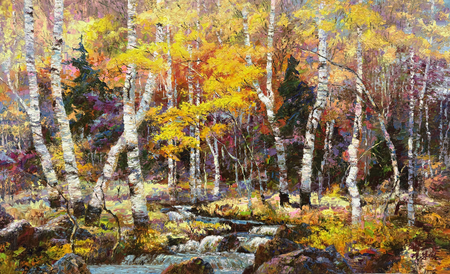 "The Autumn Symphony of Gilded Birches" - Grand Original Post-Impressionist Heavy-Impasto Landscape Oil Painting by Celebrated First-Class Artist Lee Chang Bum | 91x59cm Large-Scale Hand-Painted Canvas (Pre-Stretched on Inner Frame) 19784