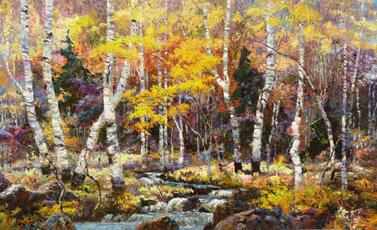 "The Autumn Symphony of Gilded Birches" - Grand Original Post-Impressionist Heavy-Impasto Landscape Oil Painting by Celebrated First-Class Artist Lee Chang Bum | 91x59cm Large-Scale Hand-Painted Canvas (Pre-Stretched on Inner Frame) 19784