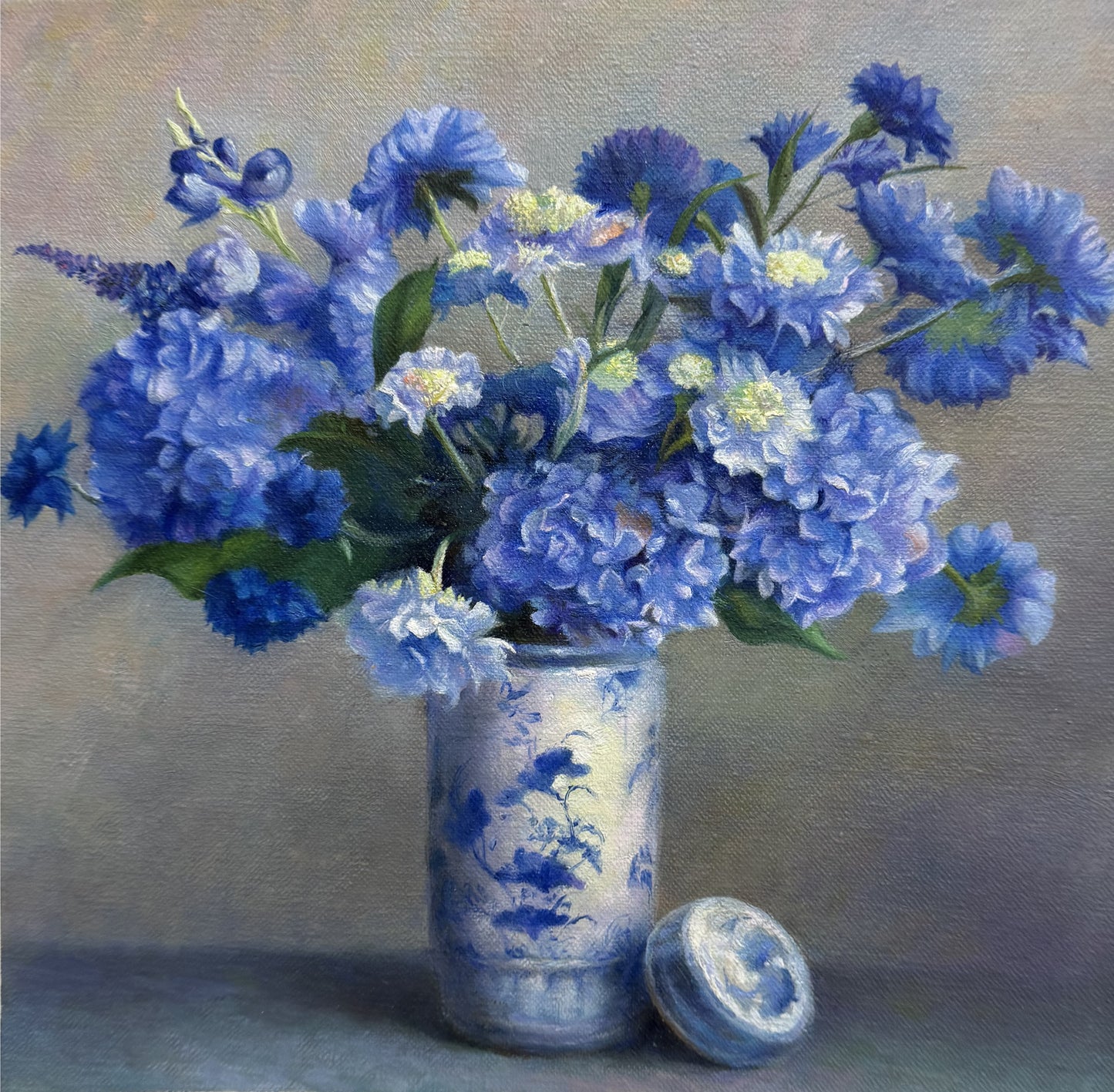 Original Hand-Painted Blue Floral Still Life Oil Painting by Chen Cheng | First-Class North Korean Artist 19810
