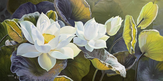 Original Hand-Painted White Lotus Oil Painting by Kim Seol Kyung | First-Class North Korean Artist 19845