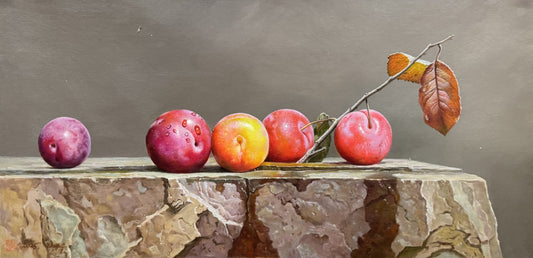Original Hand-Painted Plum Still Life Oil Painting by Lee Jin Joo | First-Class North Korean Artist 19852