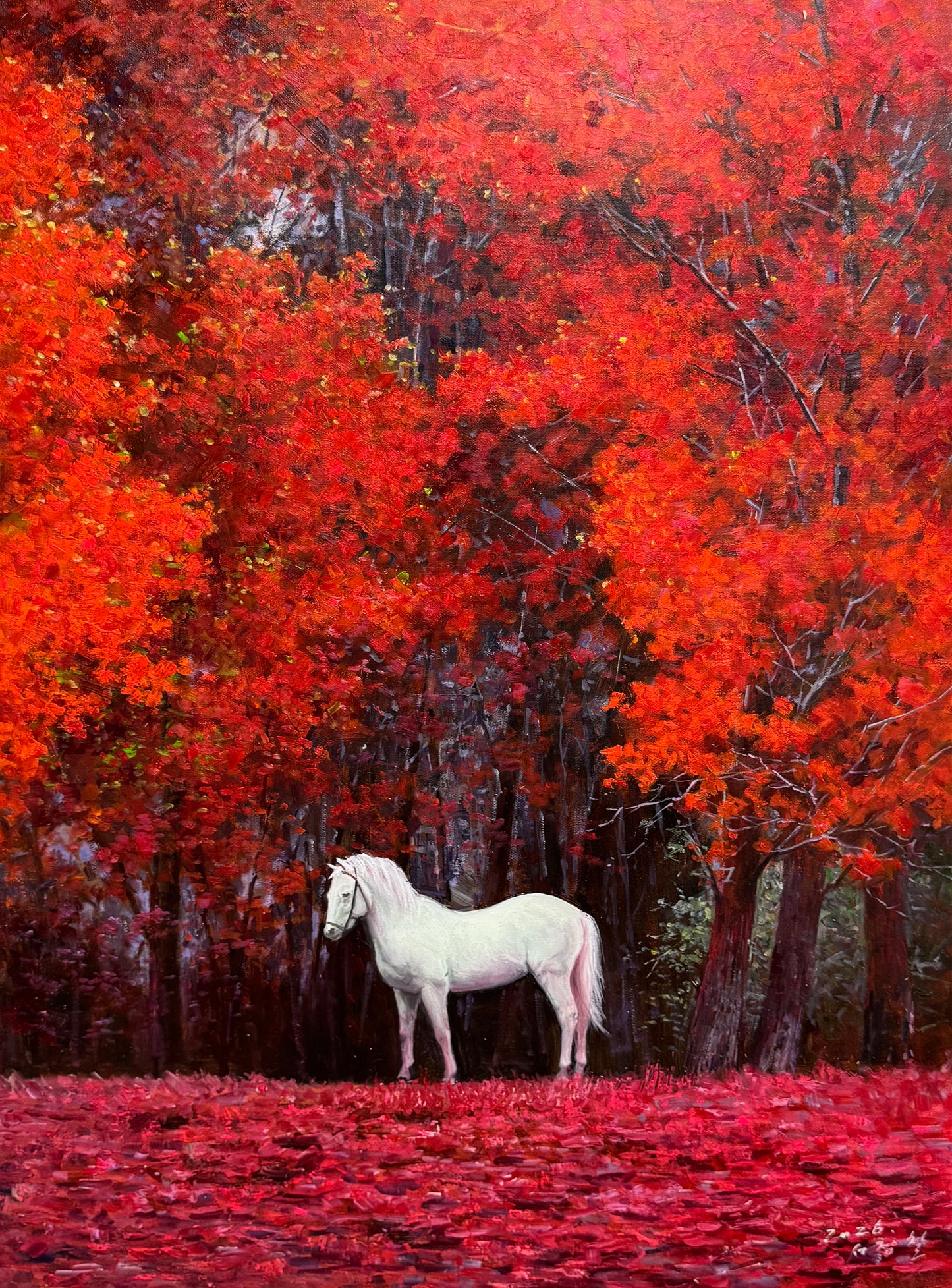 Original White Horse Autumn Forest Oil Painting by Xu Zheng Zhe | First-Class North Korean Landscape Artist 19858