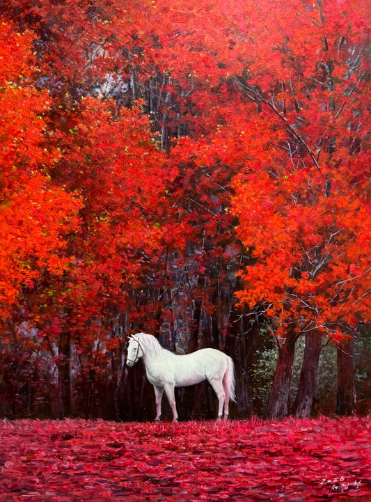Original White Horse Autumn Forest Oil Painting by Xu Zheng Zhe | First-Class North Korean Landscape Artist 19858
