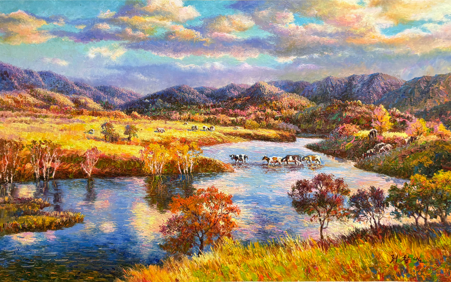 Autumn Landscape Oil Painting “Autumn River Pastoral” 19891