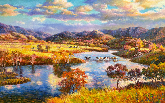 Autumn Landscape Oil Painting “Autumn River Pastoral” 19891