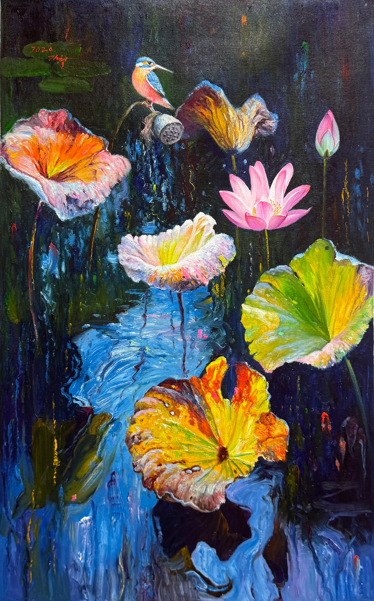 Kim Chul “Kingfisher and Lotus Fragrance” Original Lotus Oil Painting 19900
