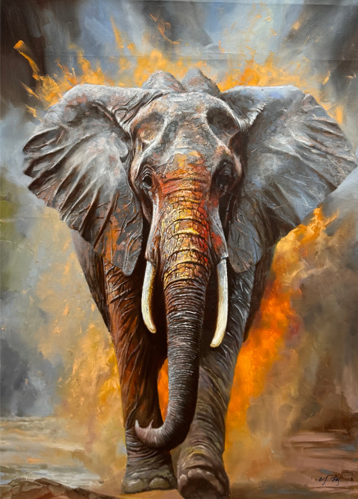 Original Elephant Oil Painting “Elephant” by First-Class Painter Li He 19901