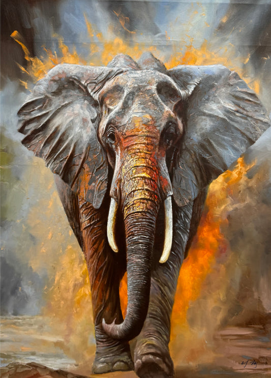 Original Elephant Oil Painting “Elephant” by First-Class Painter Li He 19901