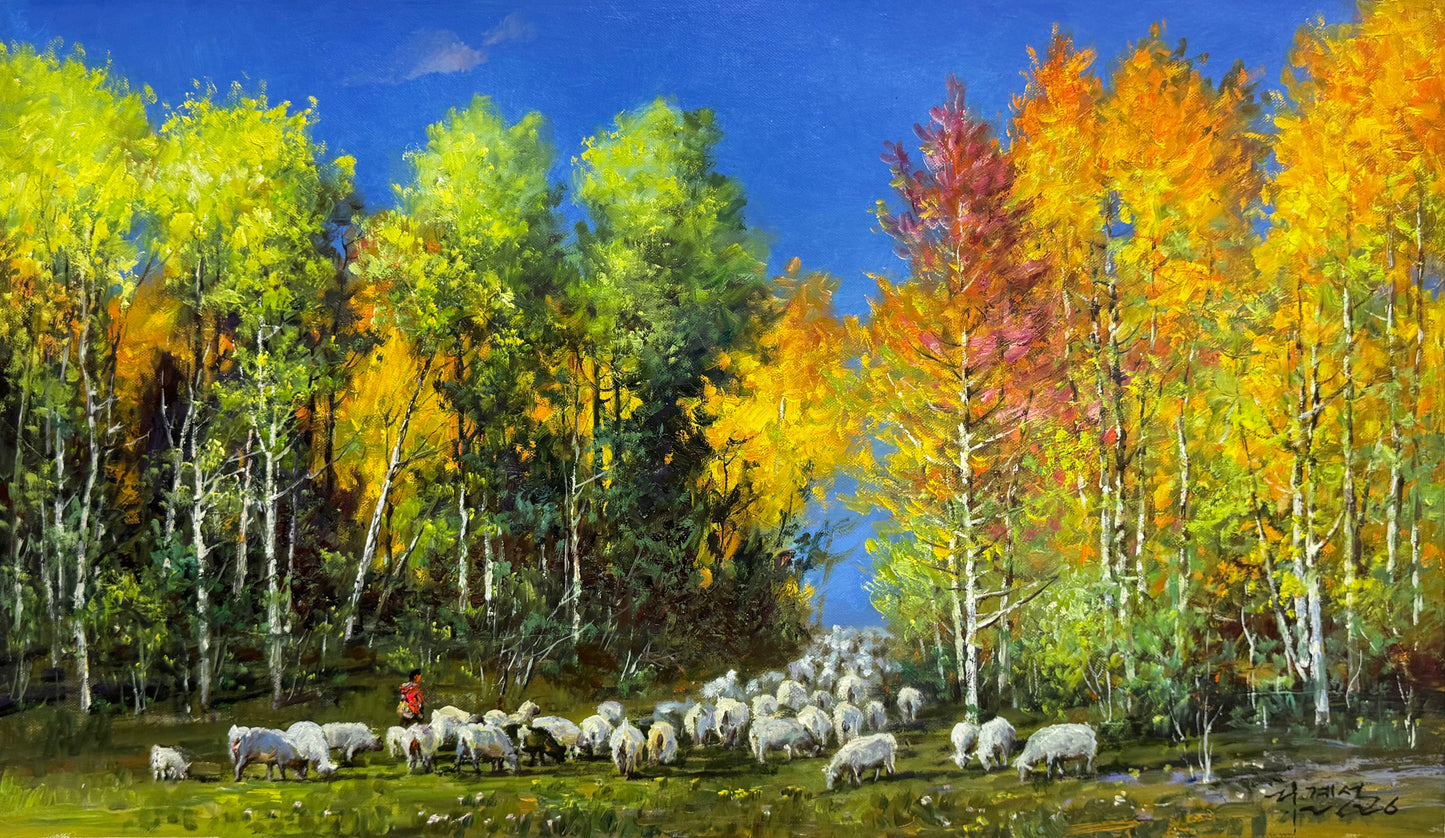 Lee Gye-Chang “Autumn Pasture” North Korean Oil Painting 19907