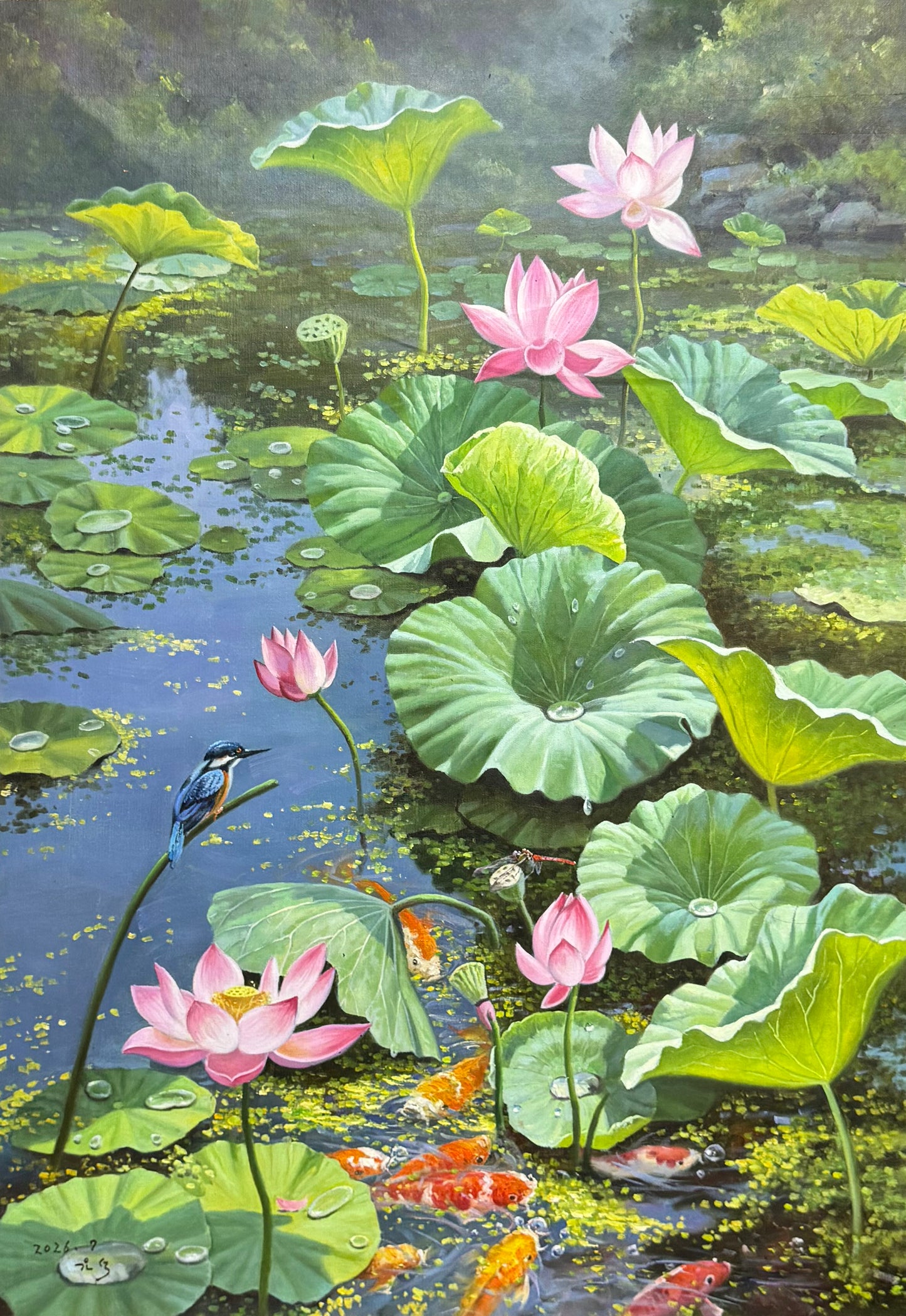 Lotus Pond Oil Painting by Wei De, Hand Painted Original Art 19955