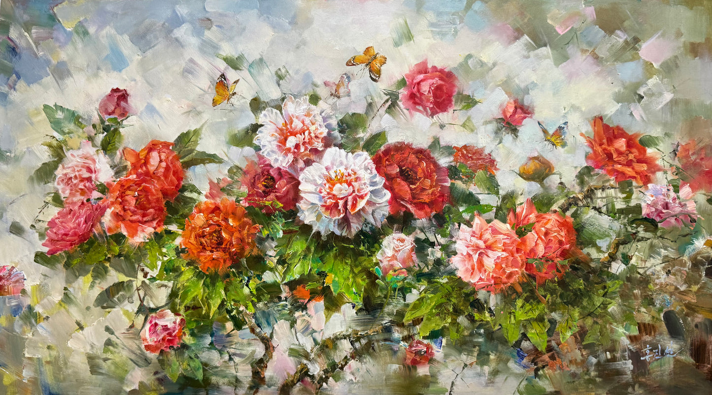 Original Hand-Painted Peony Flower Oil Painting by Hong Jin Sun | Luxury Floral Artwork 19956
