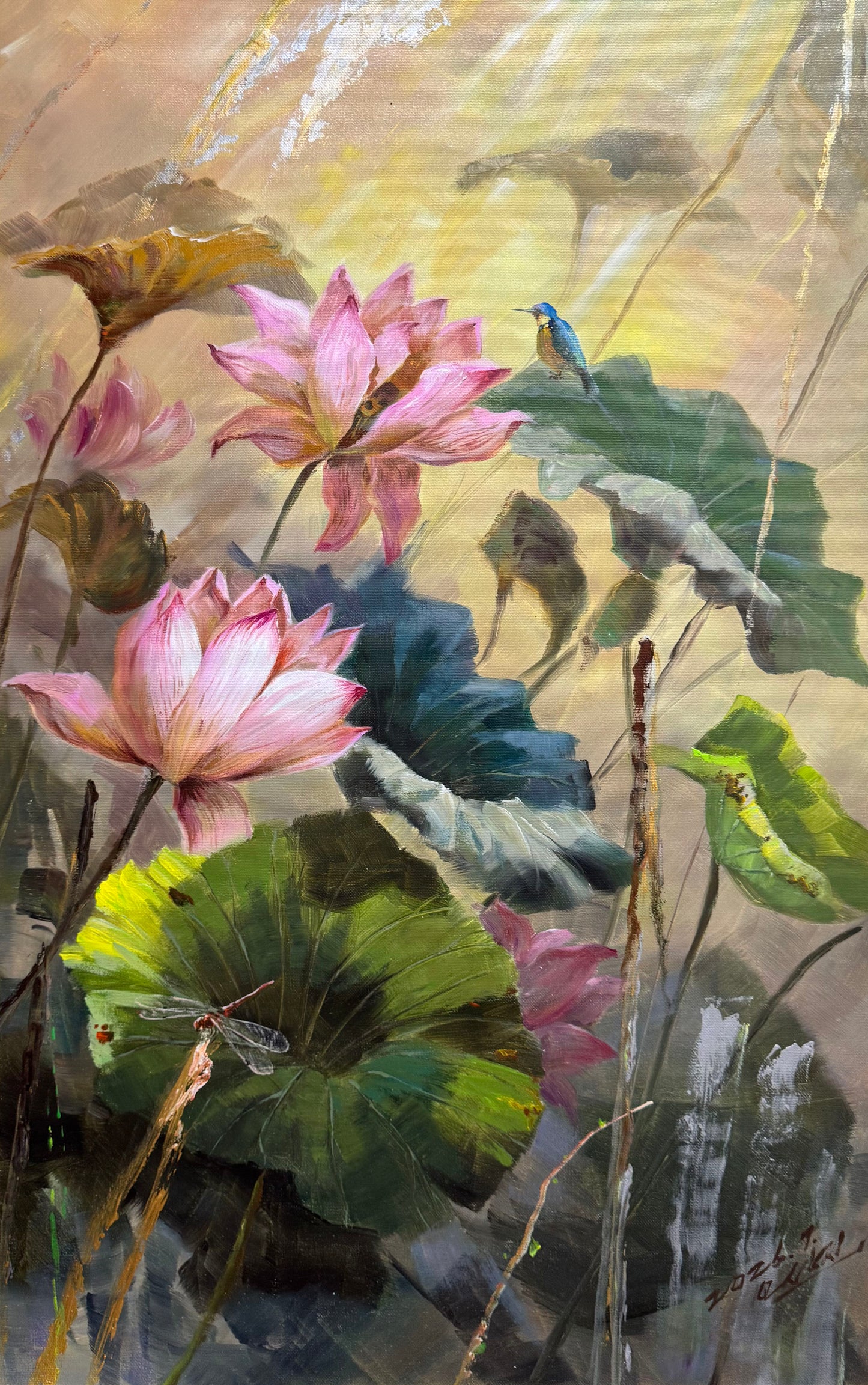 Original Lotus Flower Oil Painting by Wu Chengjin – Elegant Floral Art 19993