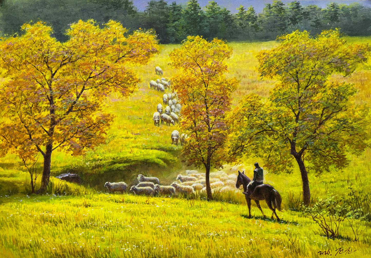 “Shepherding” by Quan Jin | North Korean Landscape Oil Painting 20011