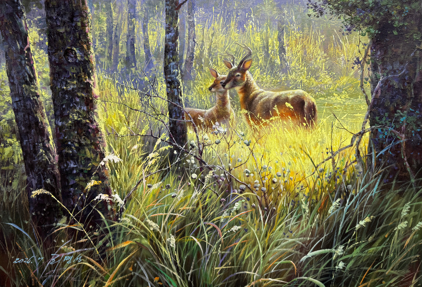 “Deer in the Deep Forest” by Li Mingcheng | Landscape Oil Painting 20012