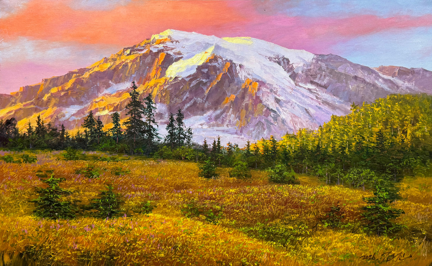 Golden Mountain Sunset Landscape Oil Painting by Quan Jin 20015